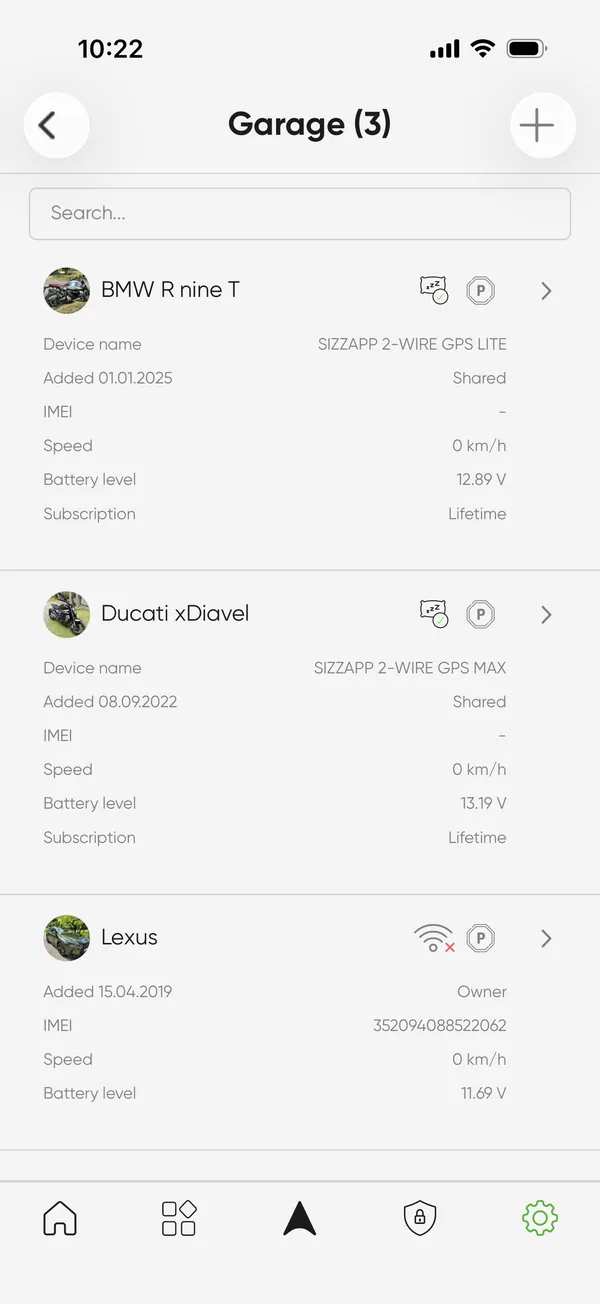 All your vehicles, one garage - SIZZAPP app screen