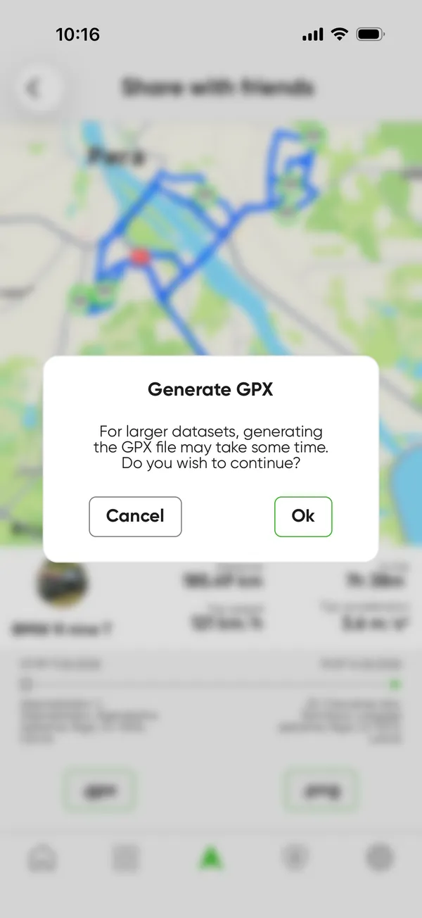 Export to GPX - SIZZAPP app screen