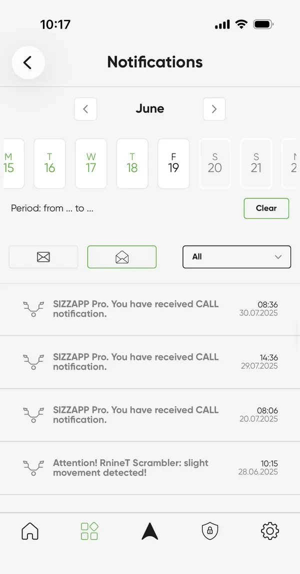 Movement alerts arriving in the SIZZAPP app