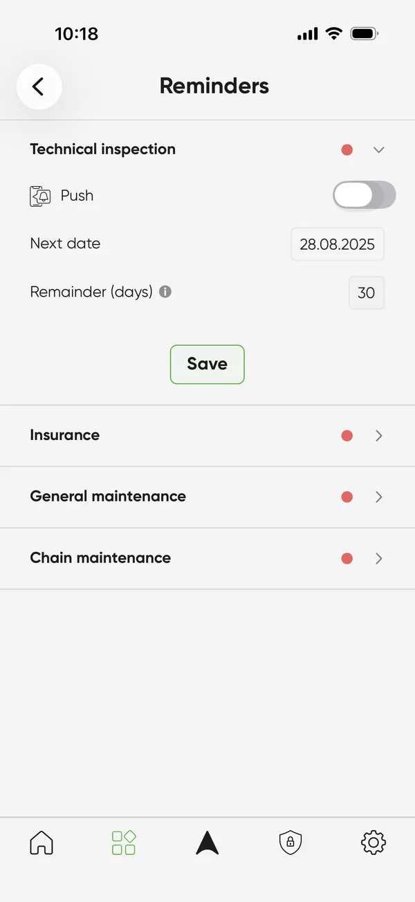 Reminders by date or distance - SIZZAPP app screen