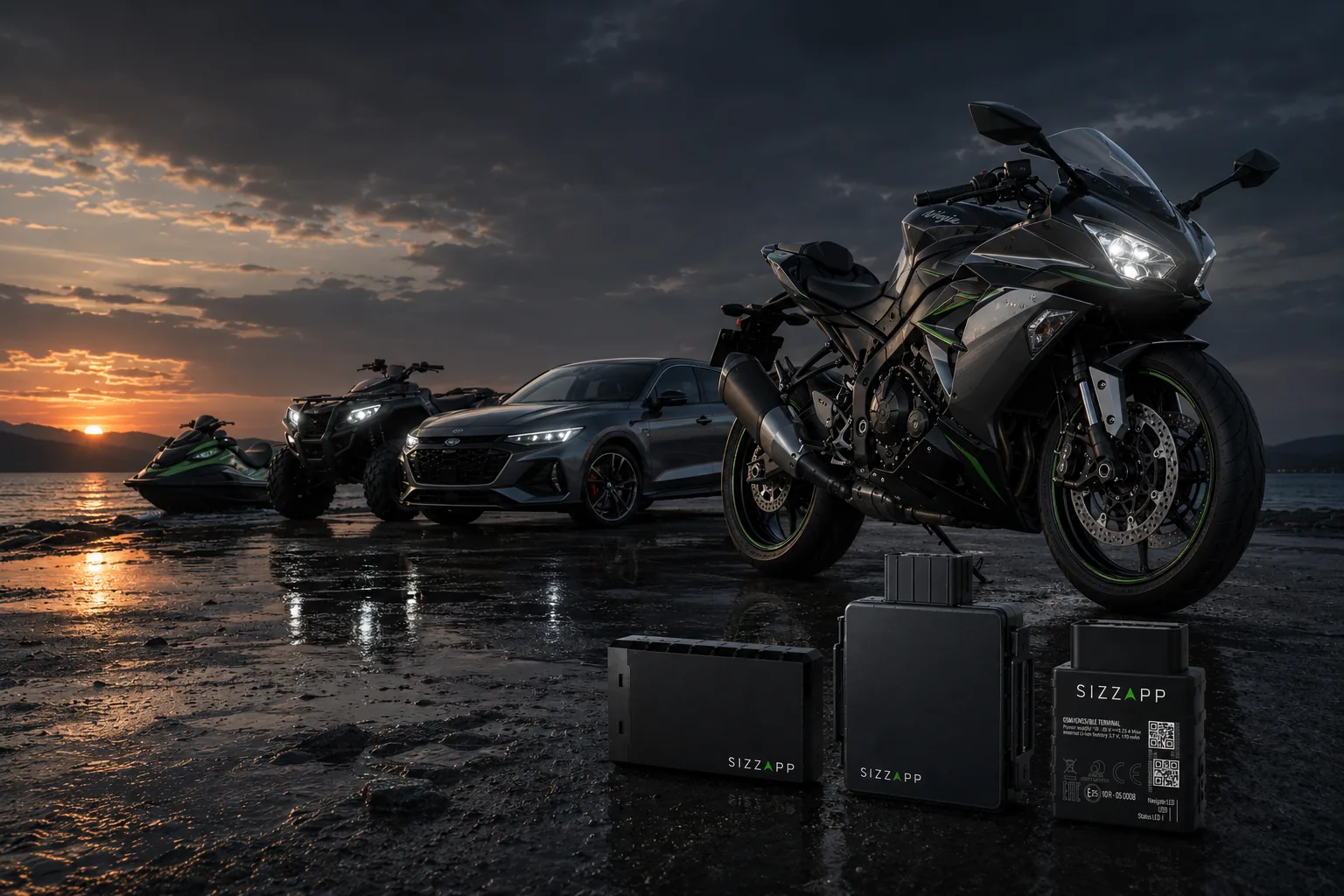SIZZAPP GPS trackers with a motorcycle, ATV, car and jet-ski at dusk