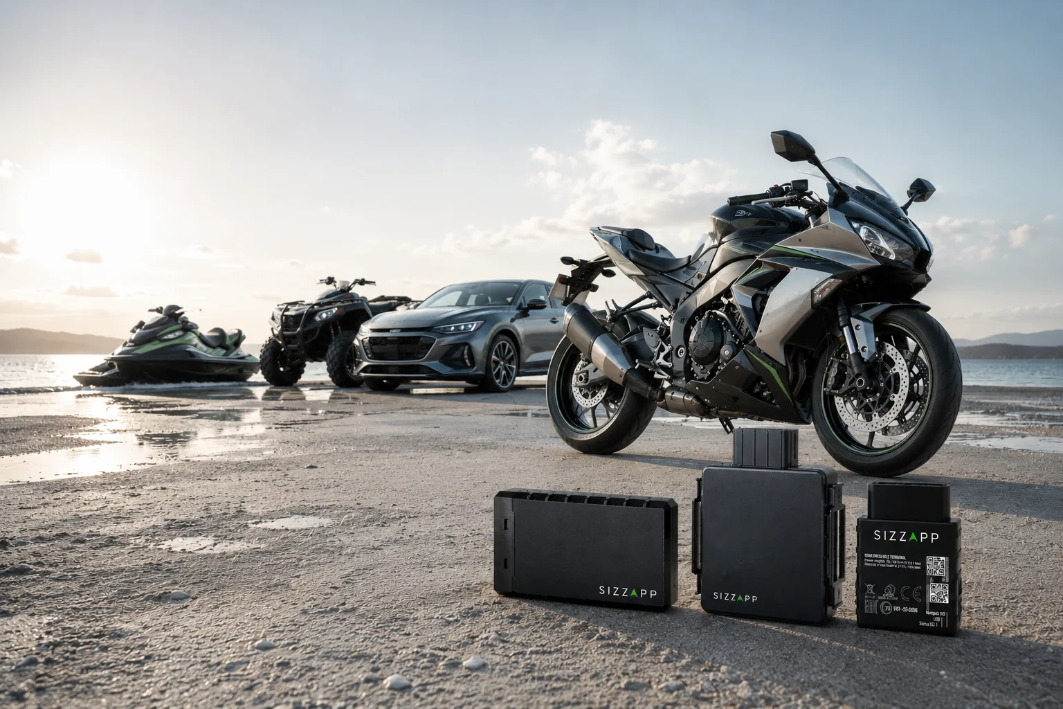 SIZZAPP GPS trackers with a motorcycle, ATV, car and jet-ski